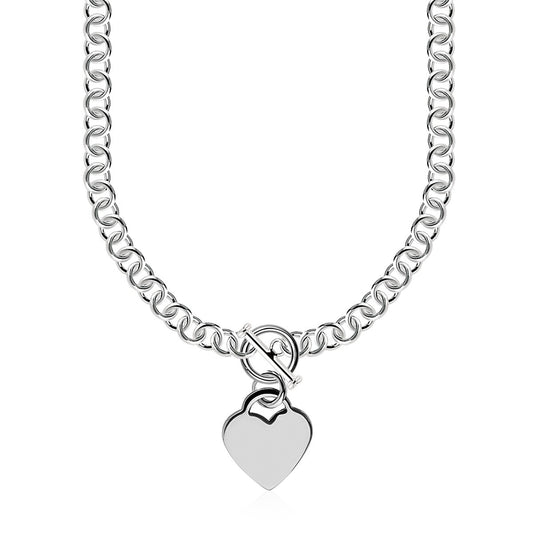 Size: 18'' - Sterling Silver Rolo Chain  with a Heart Toggle Charm and Rhodium Plating