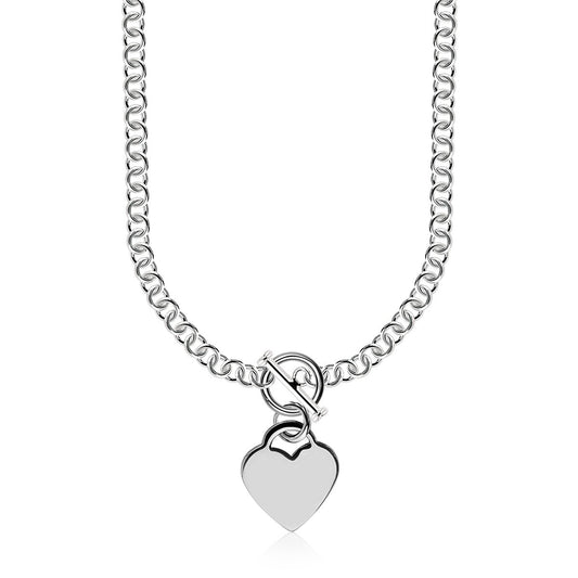 Size: 18'' - Sterling Silver Rhodium Plated Rolo Chain Necklace with a Heart Toggle Charm