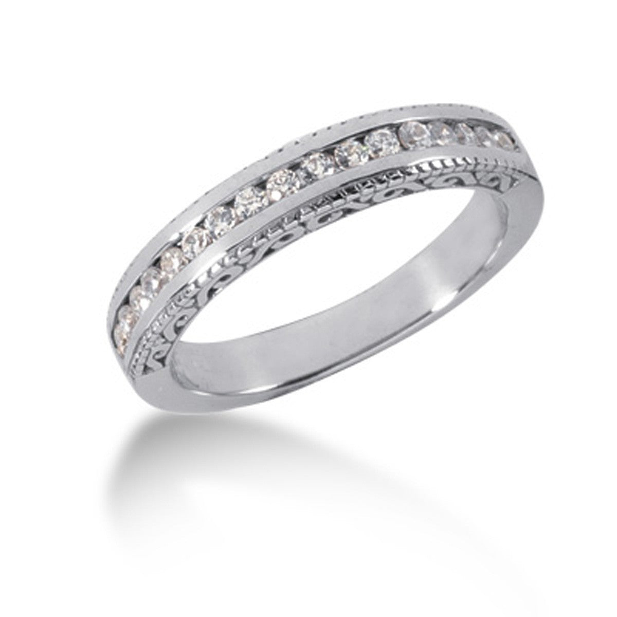 Size: 4.5 - 14k White Gold Vintage Style Engraved Diamond Channel Set Wedding Ring Band