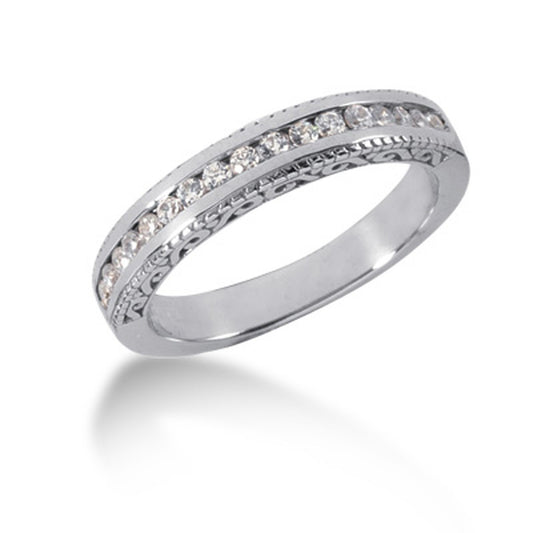 Size: 5.5 - 14k White Gold Vintage Style Engraved Diamond Channel Set Wedding Ring Band