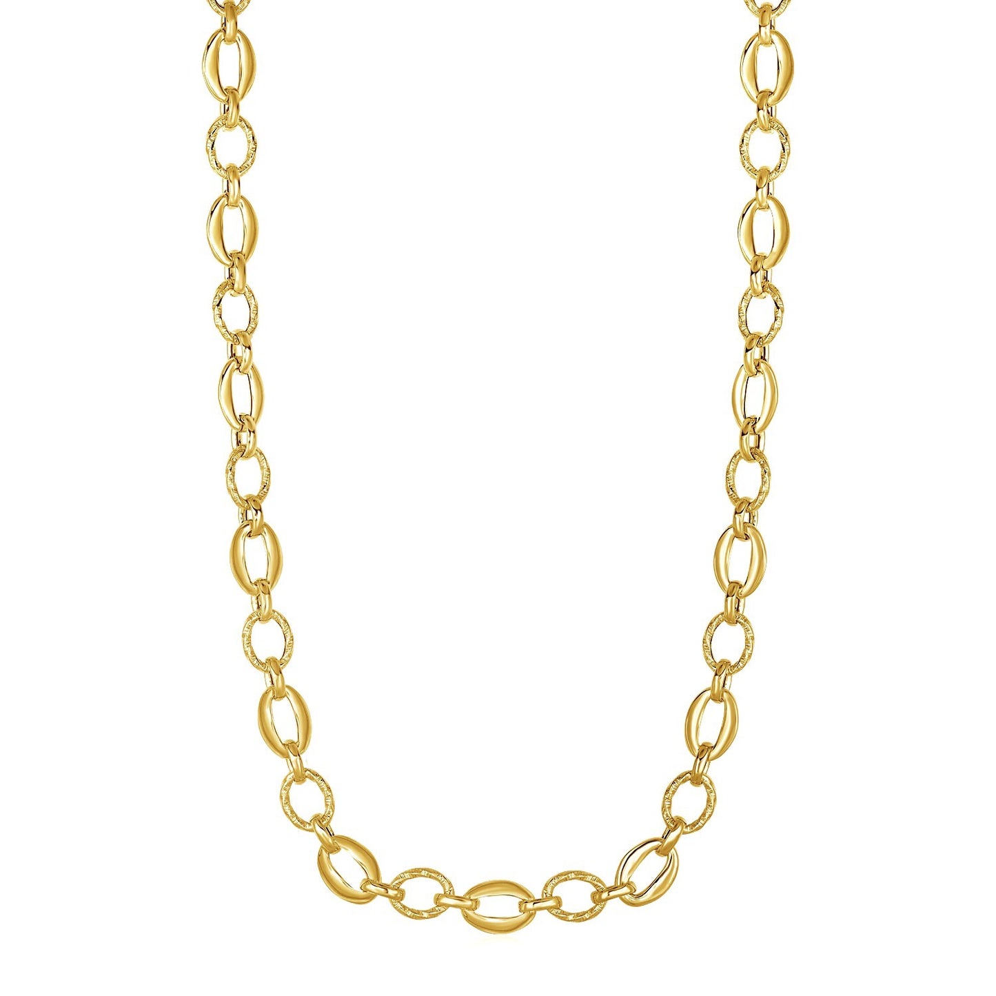 Size: 18'' - Shiny and Textured Oval Link Necklace in 14k Yellow Gold