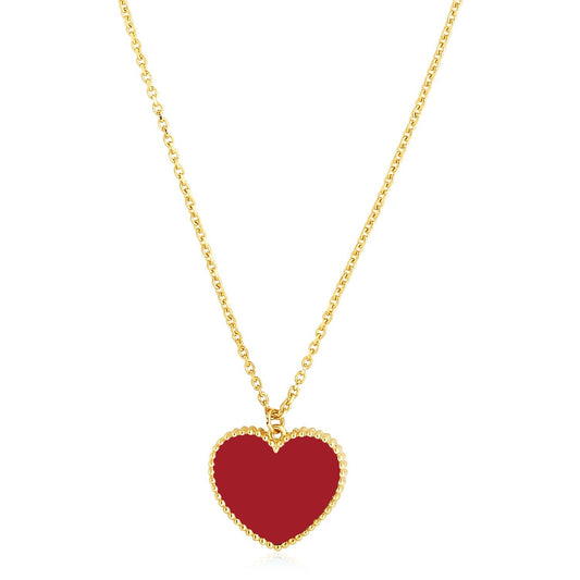 Size: 18'' - 14k Yellow Gold High Polish Heart Red Cornelia Paste Necklace