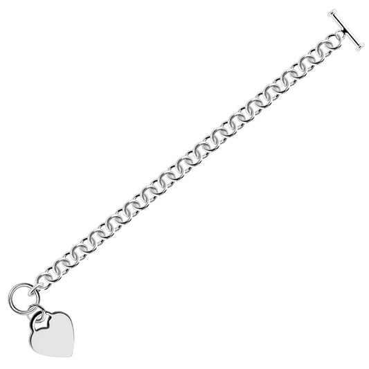 Size: 8'' - Sterling Silver Rhodium Plated Rolo Style Heart Charmed Chain Bracelet(19.00 mm)