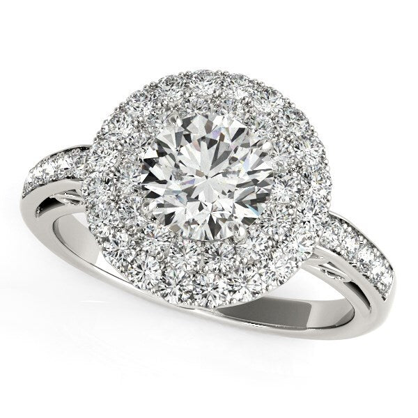 Size: 3 - 14k White Gold Diamond with Two-Row Pave Border Engagement Ring (2 cttw)