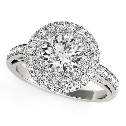 Size: 3 - 14k White Gold Diamond with Two-Row Pave Border Engagement Ring (2 cttw)