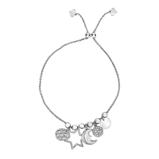 Size: 9.25'' - Adjustable Bead Bracelet with Celestial Charms in Sterling Silver