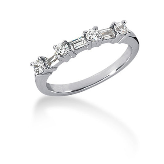 Size: 4.5 - 14k White Gold Seven Diamond Wedding Ring Band with Round and Baguette Diamonds