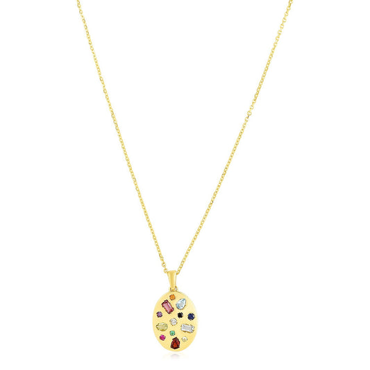 Size: 18'' - 14k Yellow Gold High Polish Oval Gemstone Inlay Necklace