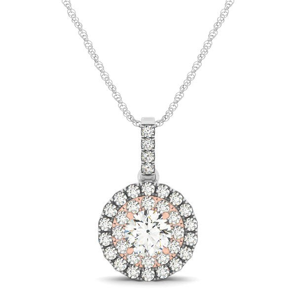 Size: 18'' - Round Shape Halo Diamond Pendant in 14k White and Rose Gold (1/2 cttw)