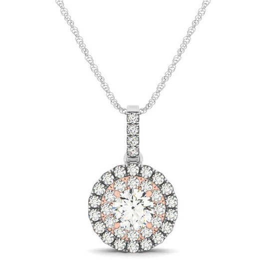 Size: 18'' - Round Shape Halo Diamond Pendant in 14k White and Rose Gold (1/2 cttw)