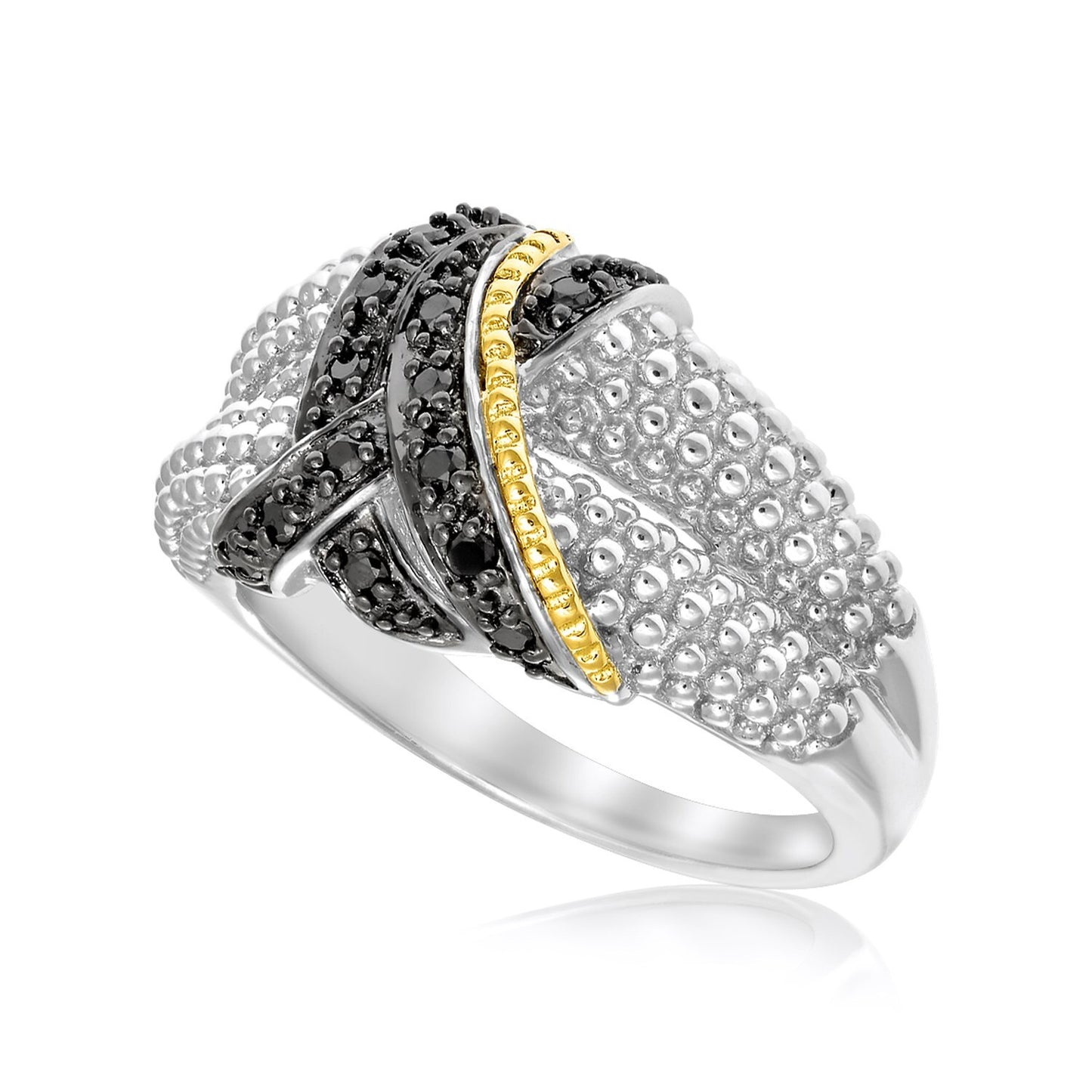 Size: 8 - 18k Yellow Gold & Sterling Silver Entwined Popcorn Ring with Black Diamonds