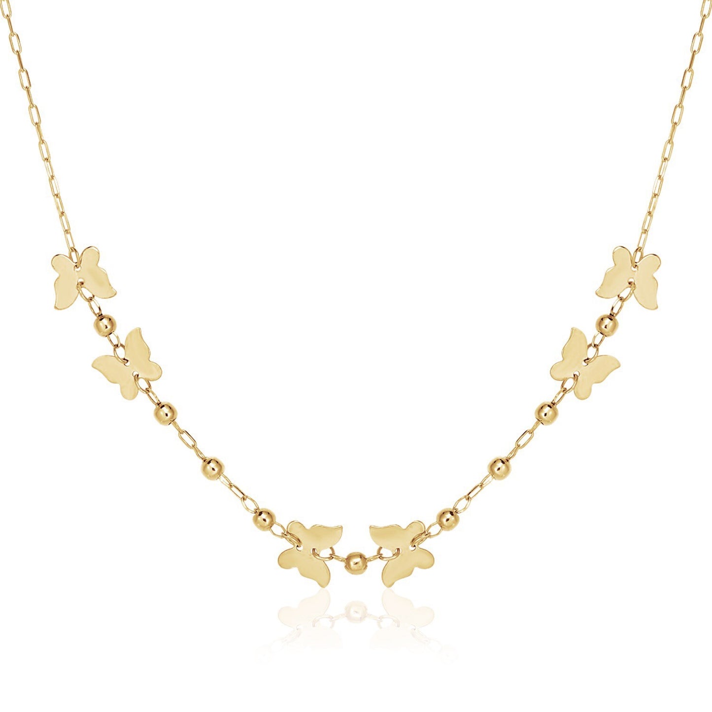 Size: 18'' - 14k Yellow Gold 18 inch Necklace with Polished Butterflies and Beads