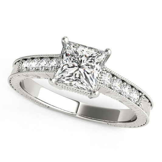 Size: 3.5 - 14k White Gold Antique Style Diamond Engagement Ring (1 1/8 cttw)