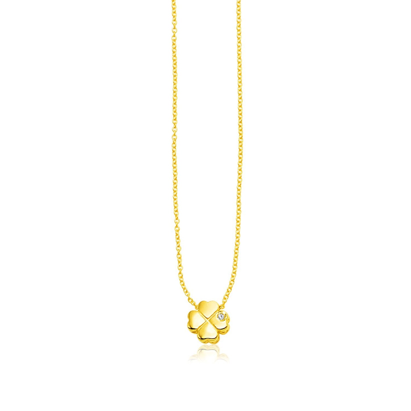 Size: 18'' - 14k Yellow Gold Polished Four Leaf Clover Necklace with Diamond