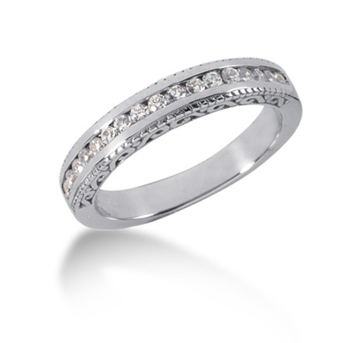 14k White Gold Vintage Style Engraved Diamond Channel Set Wedding Ring Band