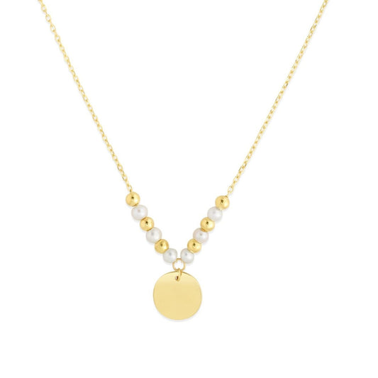 Size: 18'' - 14k Yellow Gold High Polish Beaded Pearl Disc Drop Pallina Necklace