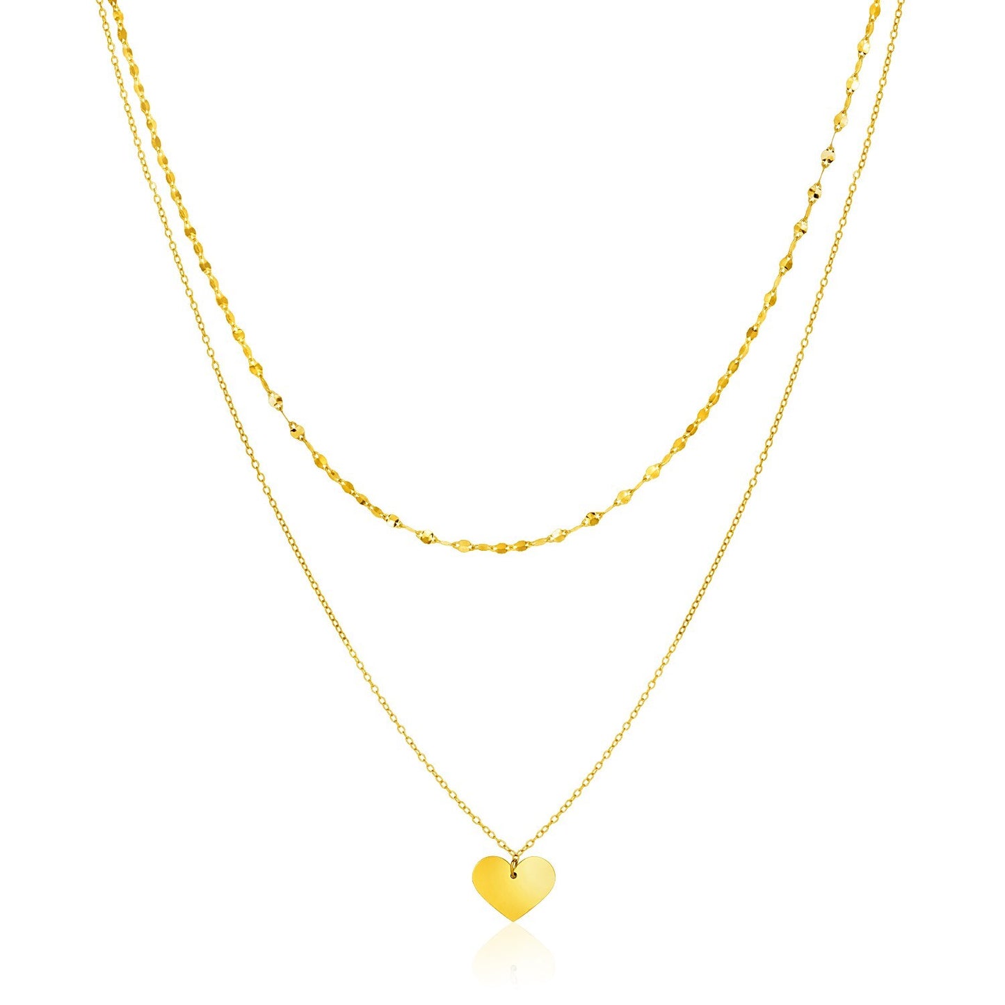 Size: 18'' - 14k Yellow Gold 18 inch Two Strand Necklace with Heart Pendant