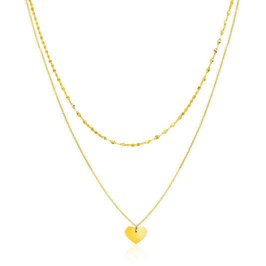 Size: 18'' - 14k Yellow Gold 18 inch Two Strand Necklace with Heart Pendant