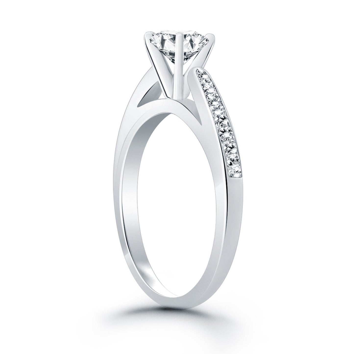 Size: 4 - 14k White Gold Cathedral Engagement Ring with Pave Diamonds