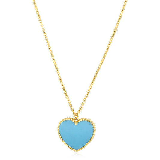 Size: 18'' - 14k Yellow Gold High Polish Heart Turquoise Paste Necklace