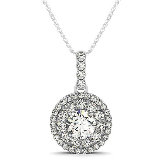 Size: 18'' - 14k White Gold Diamond Halo Round Shape Pendant (1 1/4 cttw)