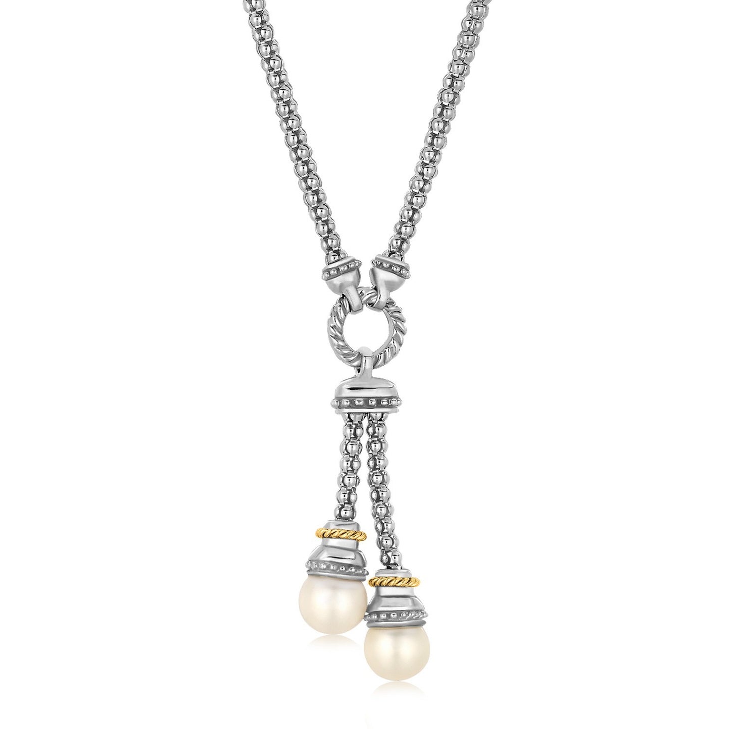 Size: 17'' - 18k Yellow Gold and Sterling Silver Popcorn Style Necklace with Pearl Accents