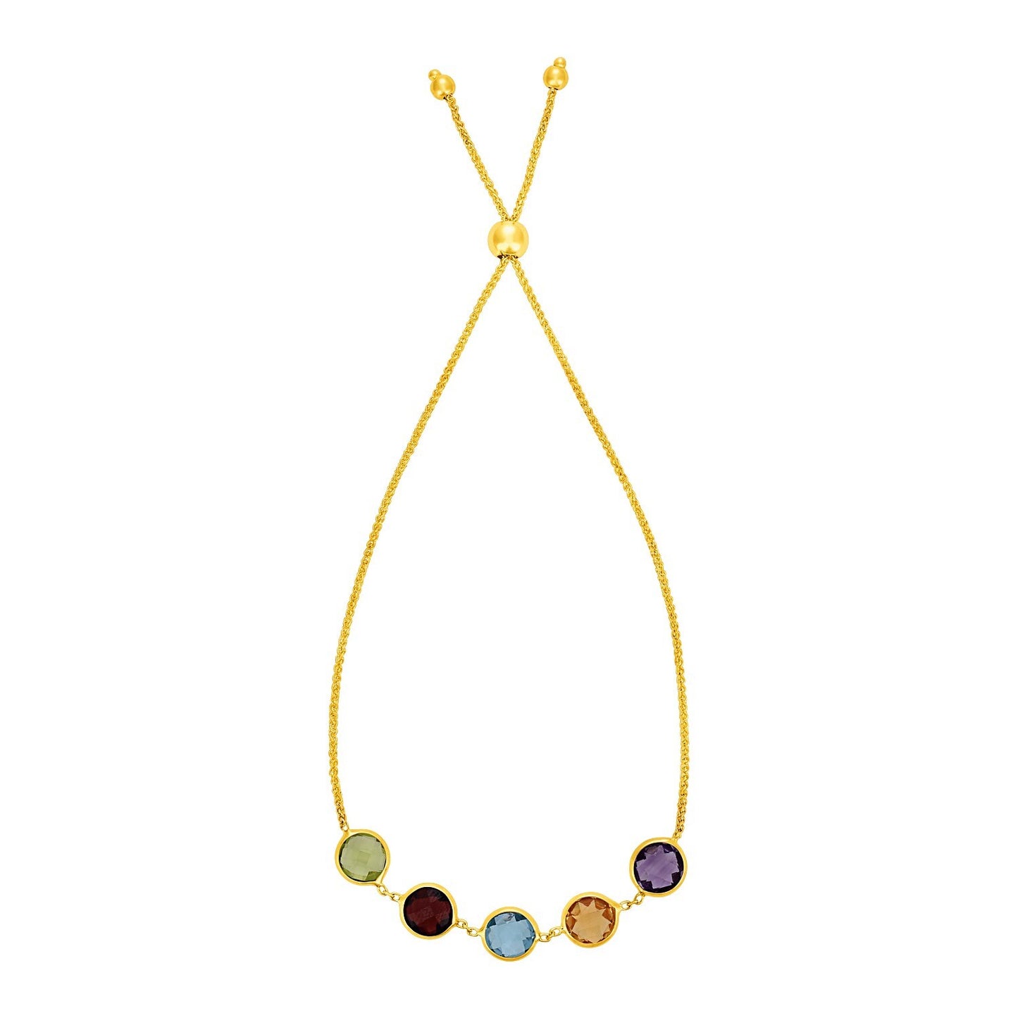 Size: 9.25'' - Adjustable Bracelet with Multicolored Large Round Gemstones in 14k Yellow Gold