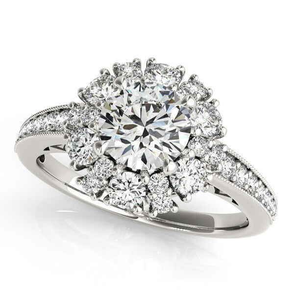 Size: 4 - 14k White Gold Antique Style Halo Round Diamond Engagement Ring (2 cttw)