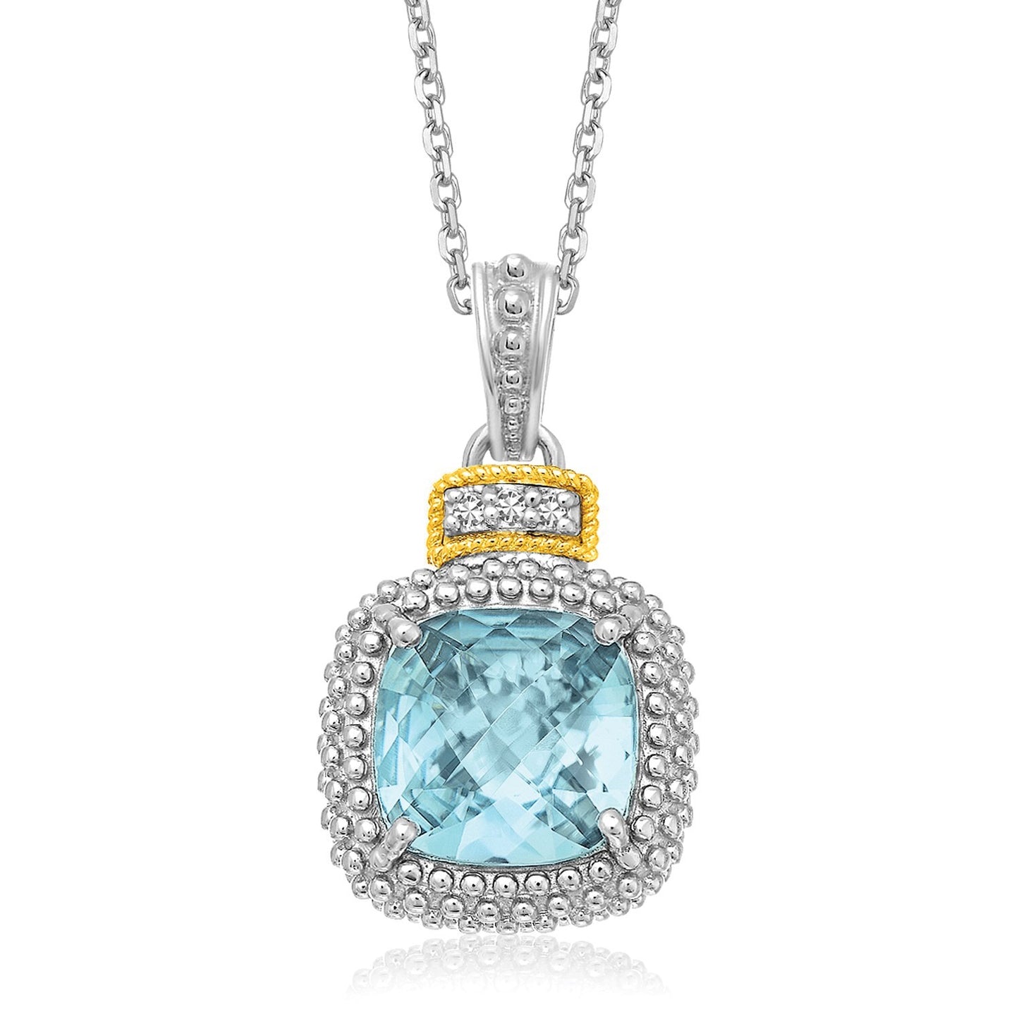 Size: 18 - 18k Yellow Gold & Sterling Silver Popcorn Sky Blue Topaz and Diamond Pendant