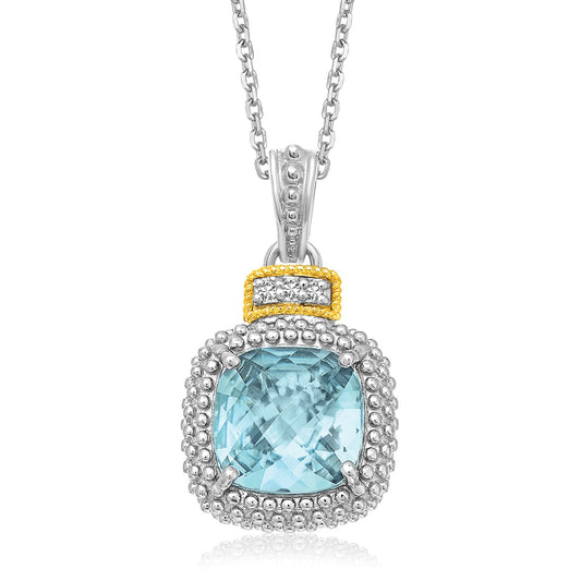 Size: 18 - 18k Yellow Gold & Sterling Silver Popcorn Sky Blue Topaz and Diamond Pendant