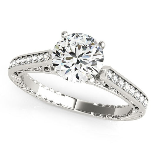 Size: 3.5 - 14k White Gold Round Diamond Antique Style Engagement Ring (1 1/8 cttw)