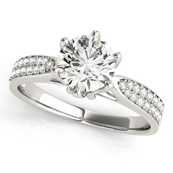 Size: 3.5 - Six Prong 14k White Gold Diamond Engagement Ring with Pave Band (1 5/8 cttw)