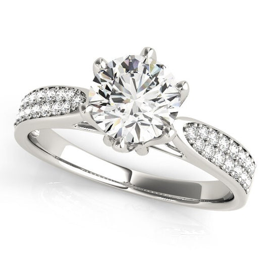 Size: 8 - Six Prong 14k White Gold Diamond Engagement Ring with Pave Band (1 5/8 cttw)