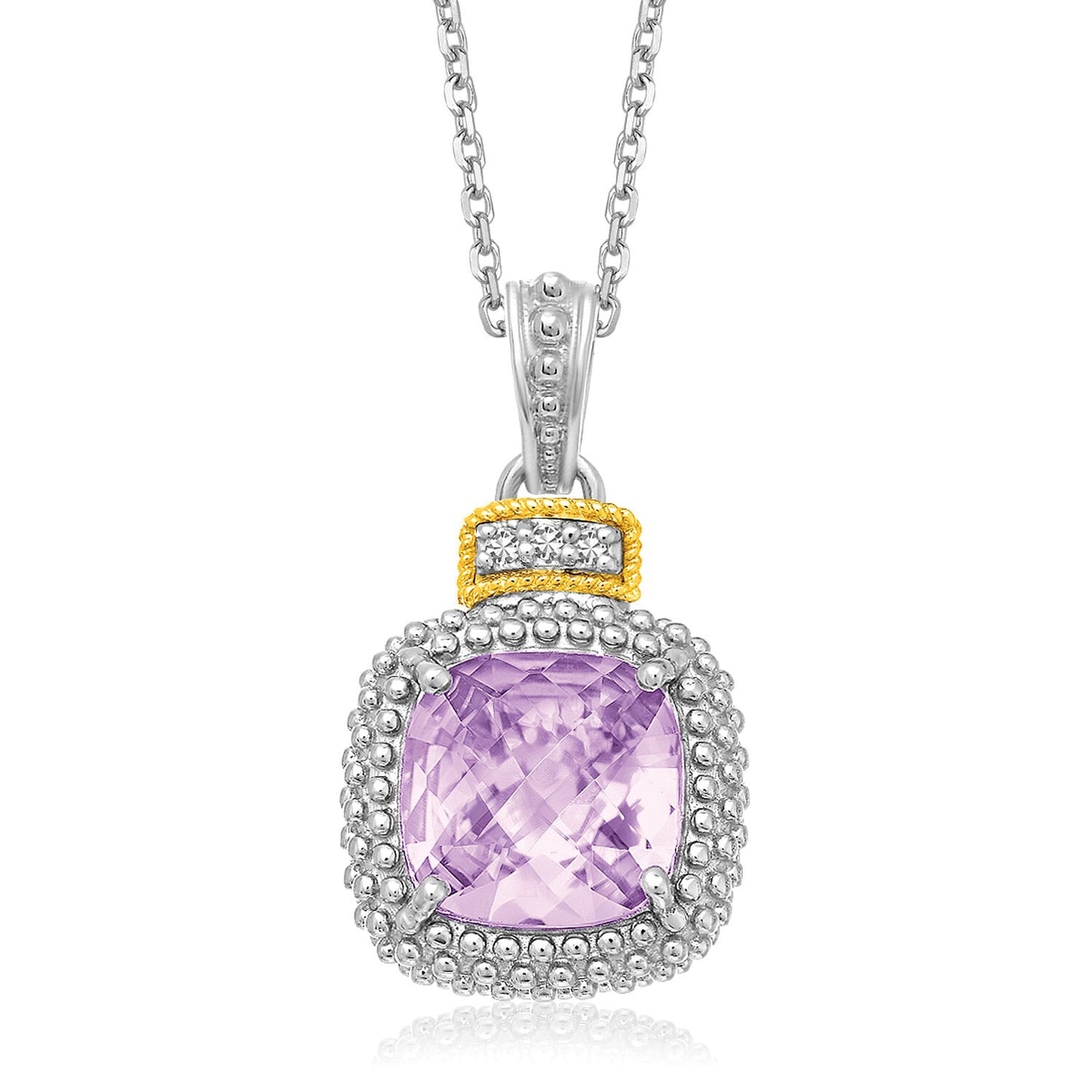 Size: 18 - 18k Yellow Gold & Sterling Silver Cushion Amethyst and Diamond Pendant