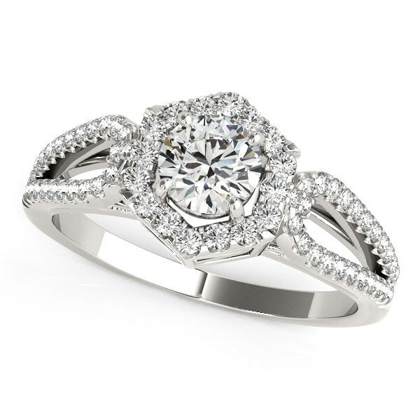 Size: 3.5 - 14k White Gold Diamond Engagement Ring with Hexagon Halo Border (7/8 cttw)