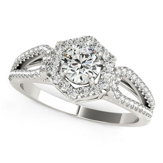 Size: 3 - 14k White Gold Diamond Engagement Ring with Hexagon Halo Border (7/8 cttw)