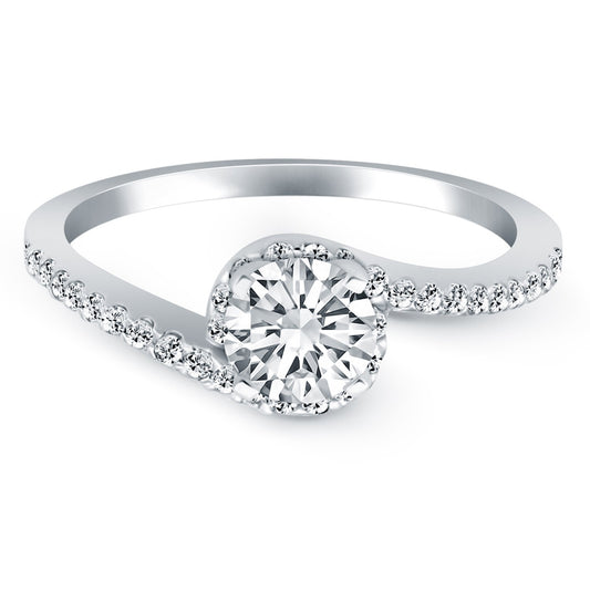 Size: 6 - 14k White Gold Bypass Swirl Diamond Halo Engagement Ring