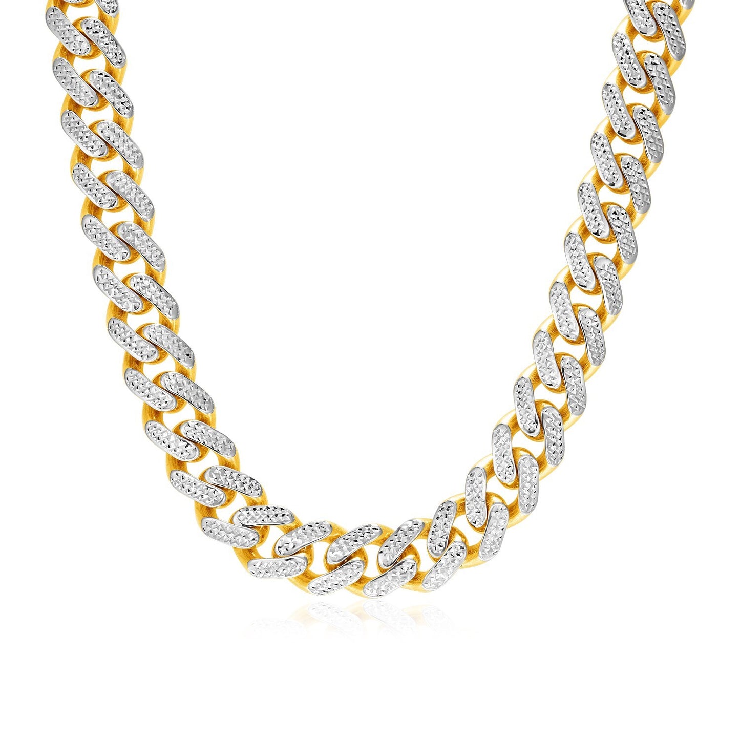 Size: 24'' - 14k Two Tone Gold Miami Cuban Chain Necklace with White Pave