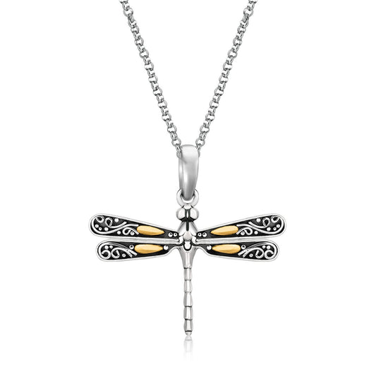 Size: 18 - 18k Yellow Gold and Sterling Silver Pendant in a Dragonfly Design