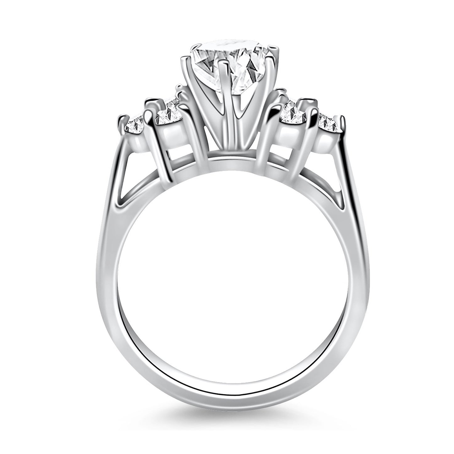 Size: 4.5 - 14k White Gold Cathedral Engagement Ring with Side Diamond Clusters