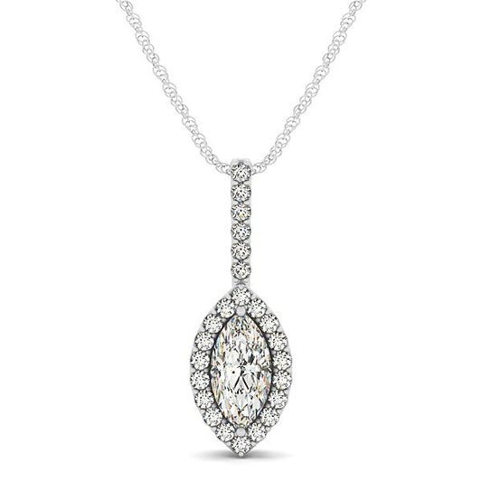 Size: 18'' - Marquis Shape Diamond Halo Pendant in 14k White Gold (2/3 cttw)