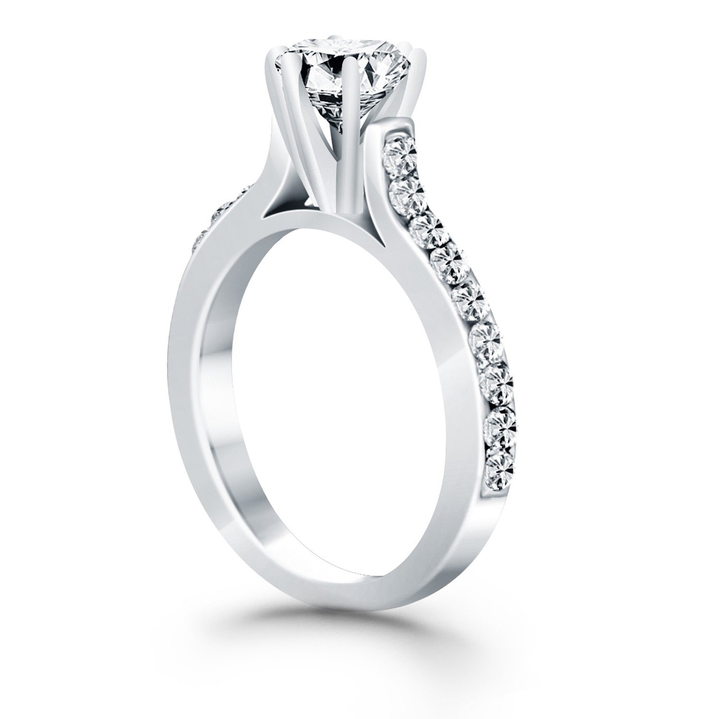 Size: 4.5 - 14k White Gold Curved Shank Engagement Ring with Pave Diamonds