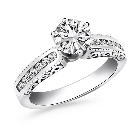 Size: 4.5 - 14k White Gold Channel Set Engagement Ring Mounting with Engraved Sides