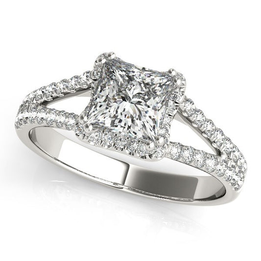 Size: 3 - 14k White Gold Princes Cut Halo Split Shank Diamond Engagement Ring (2 cttw)