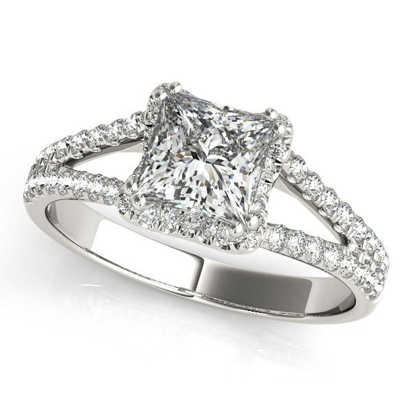 Size: 5.5 - 14k White Gold Princes Cut Halo Split Shank Diamond Engagement Ring (2 cttw)