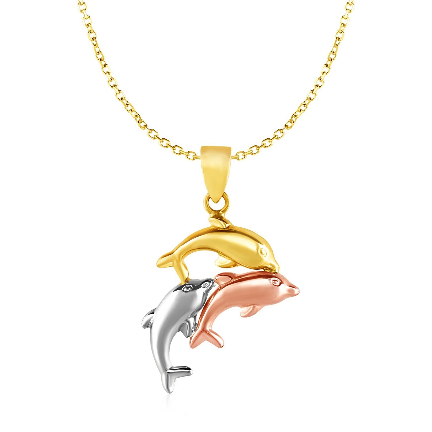 Size: 18 - Pendant with Three Dolphins in 10k Tri Color Gold