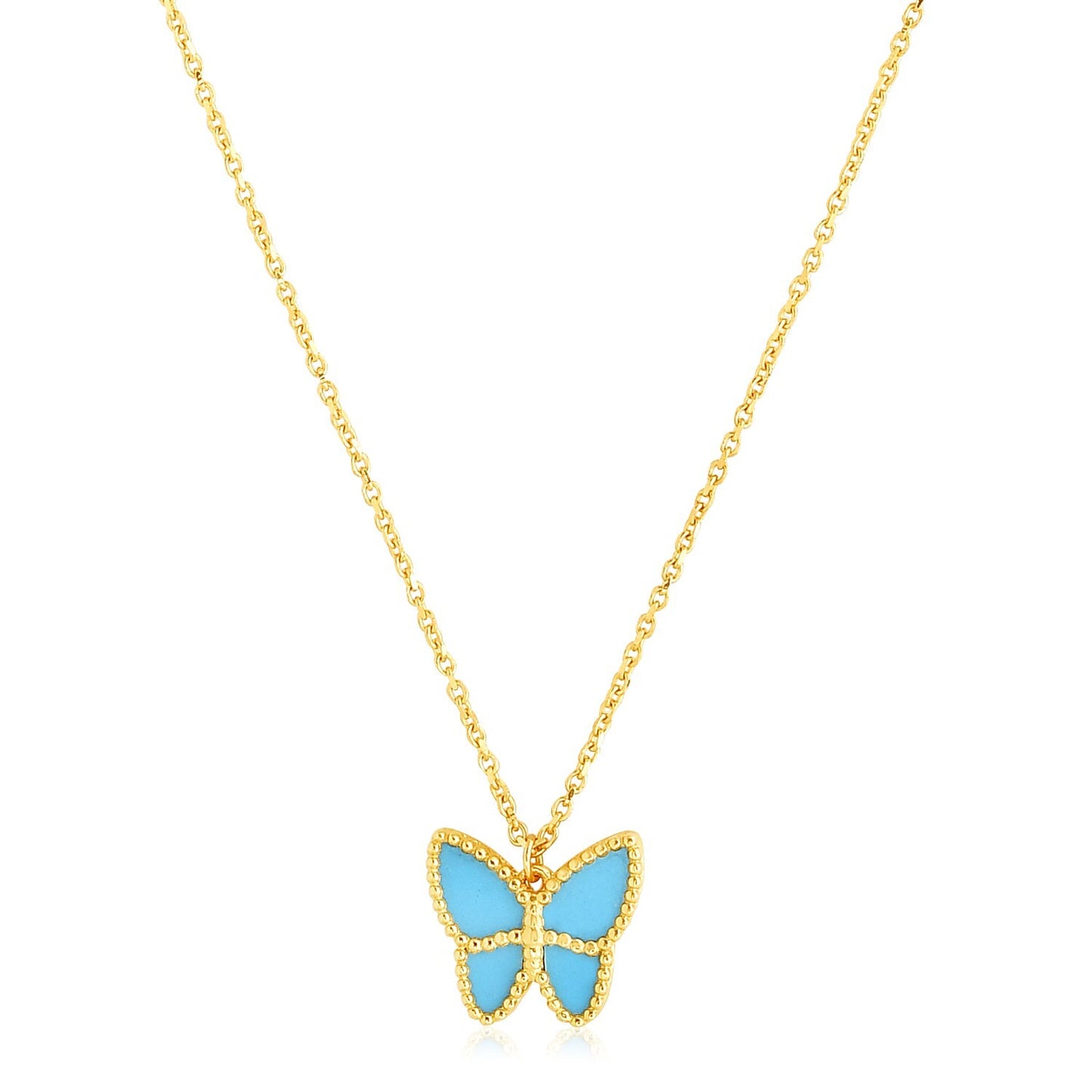 Size: 18'' - 14k Yellow Gold High Polish Butterfly Turquoise Paste Necklace