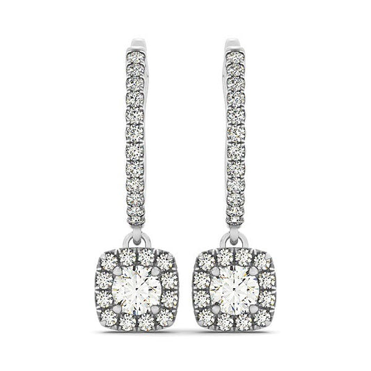 Cushion Shape Halo Style Diamond Drop Earrings in 14k White Gold (1/2 cttw)