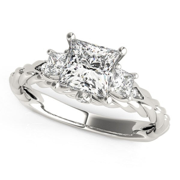 Size: 3 - 14k White Gold Princess Cut 3 Stone Antique Style Diamond Ring (1 1/8 cttw)