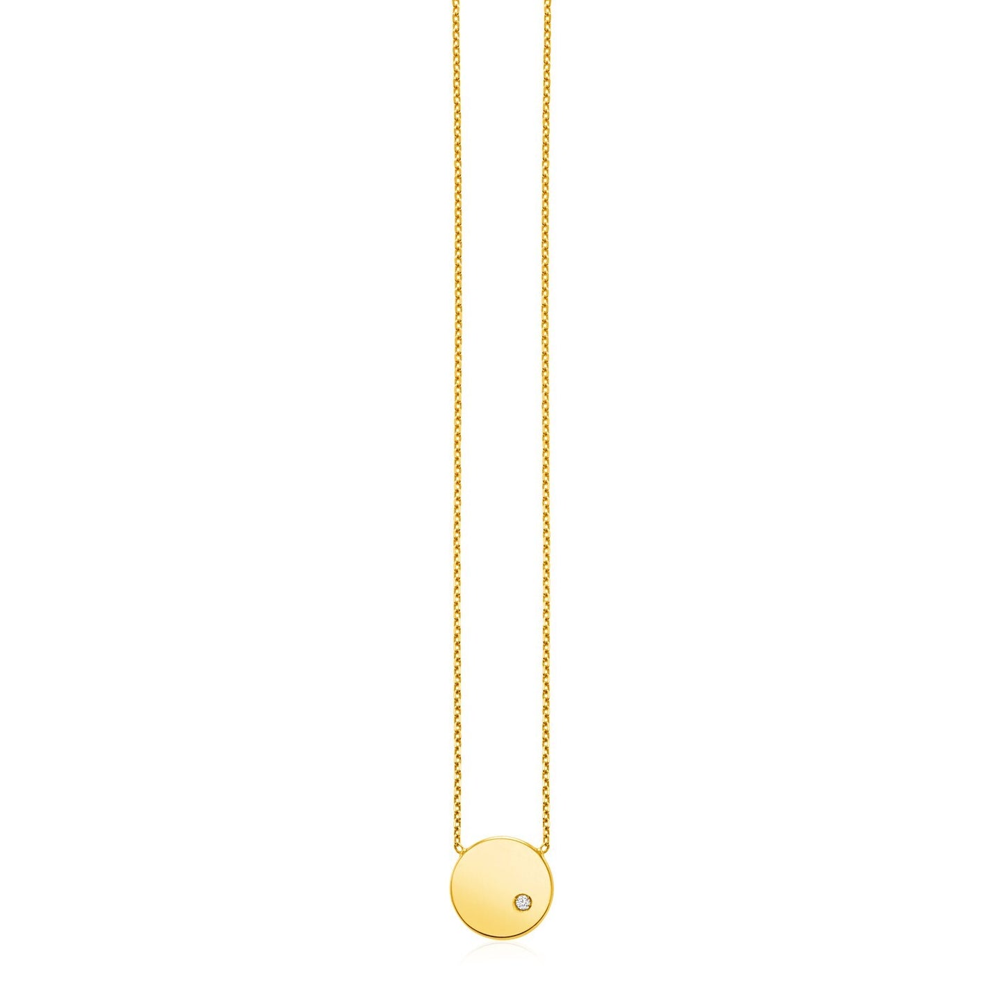 Size: 18'' - 14k Yellow Gold Necklace with Polished Round Pendant with Diamond